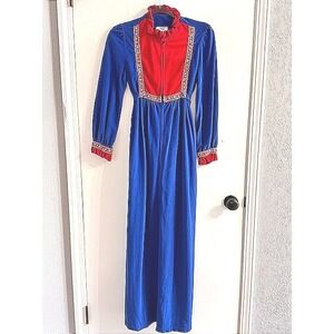 Vintage Lounge Craft Royal Blue Maxi Robe Red Ruffle Trim Long Sleeve Dress 70s